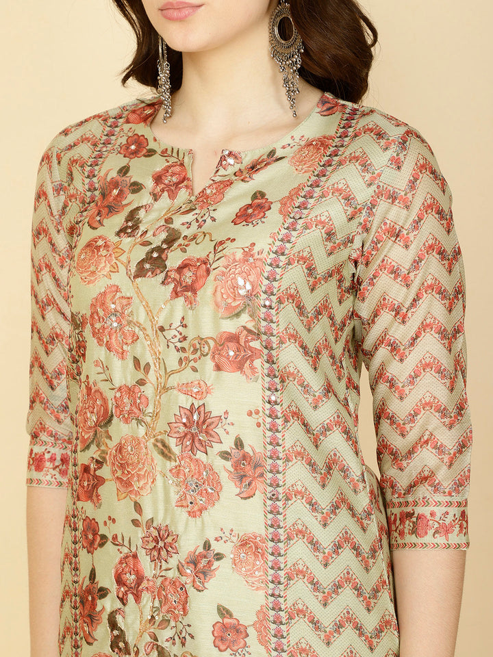 Floral Printed Chanderi Kurta With Pants &amp; Dupatta