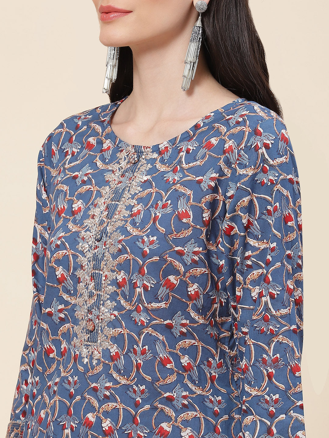Printed &amp; Neck Embroidered Cotton Kurta