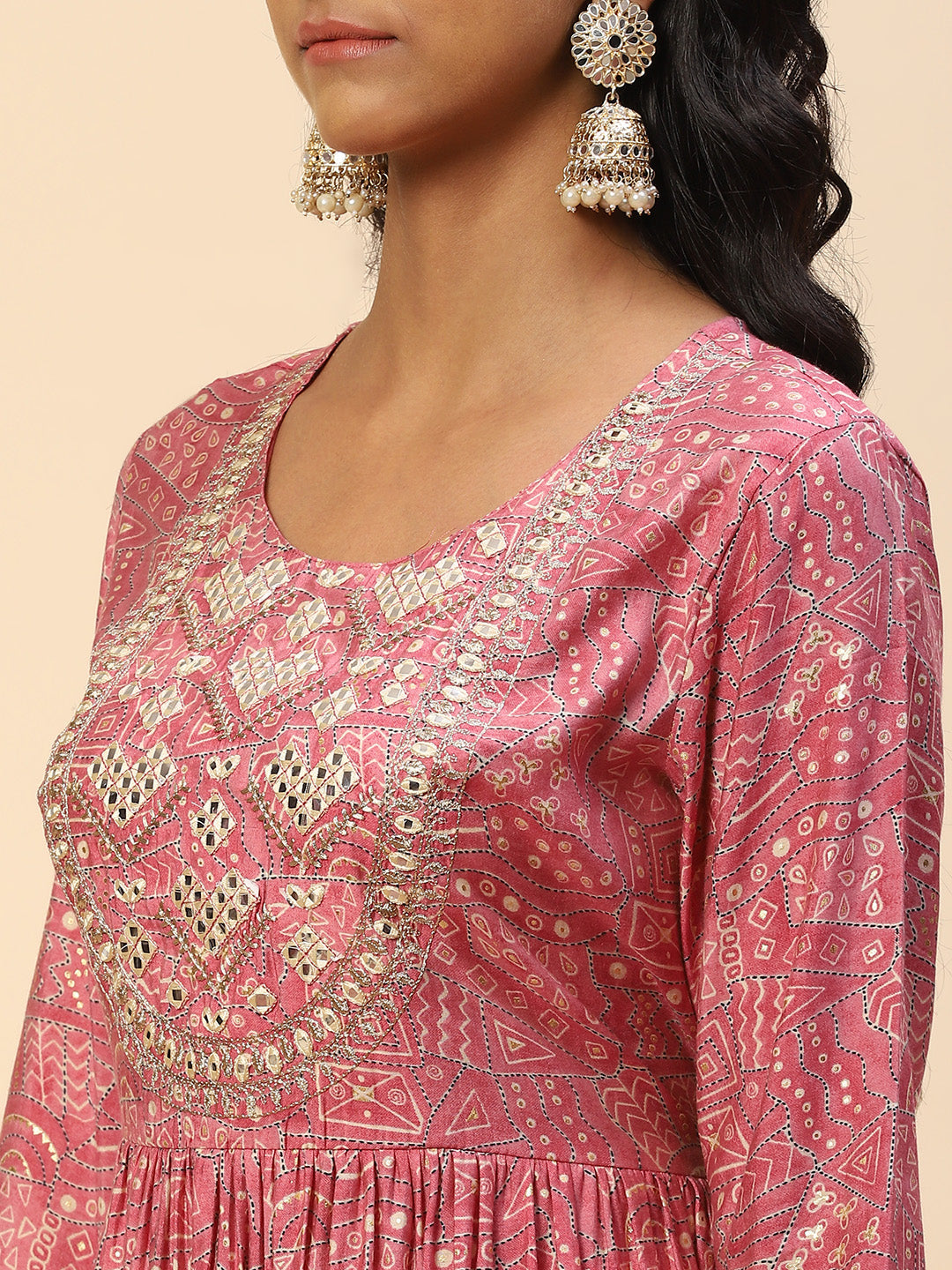 Embroidered Mirror Neck Printed Muslin Kurta With Pants