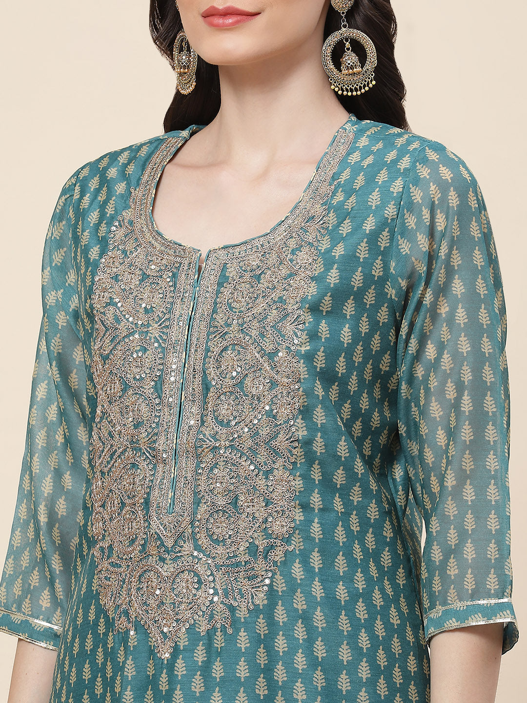 Printed &amp; Neck Embroidered Chanderi Kurta With Pants &amp; Dupatta