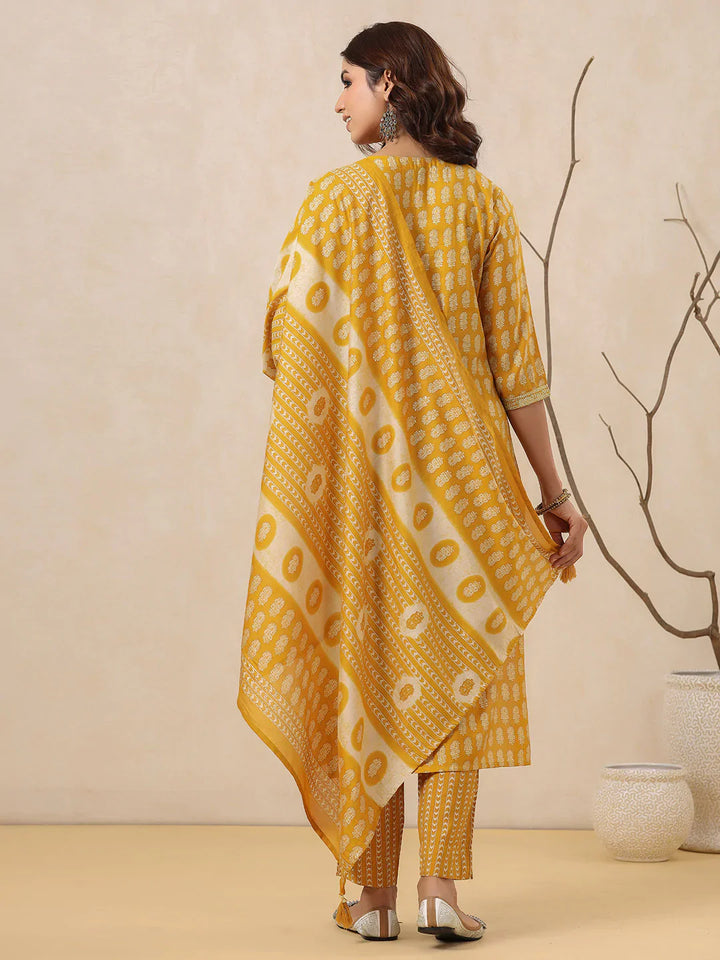 Block Printed Muslin Kurta With Pants &amp; Dupatta