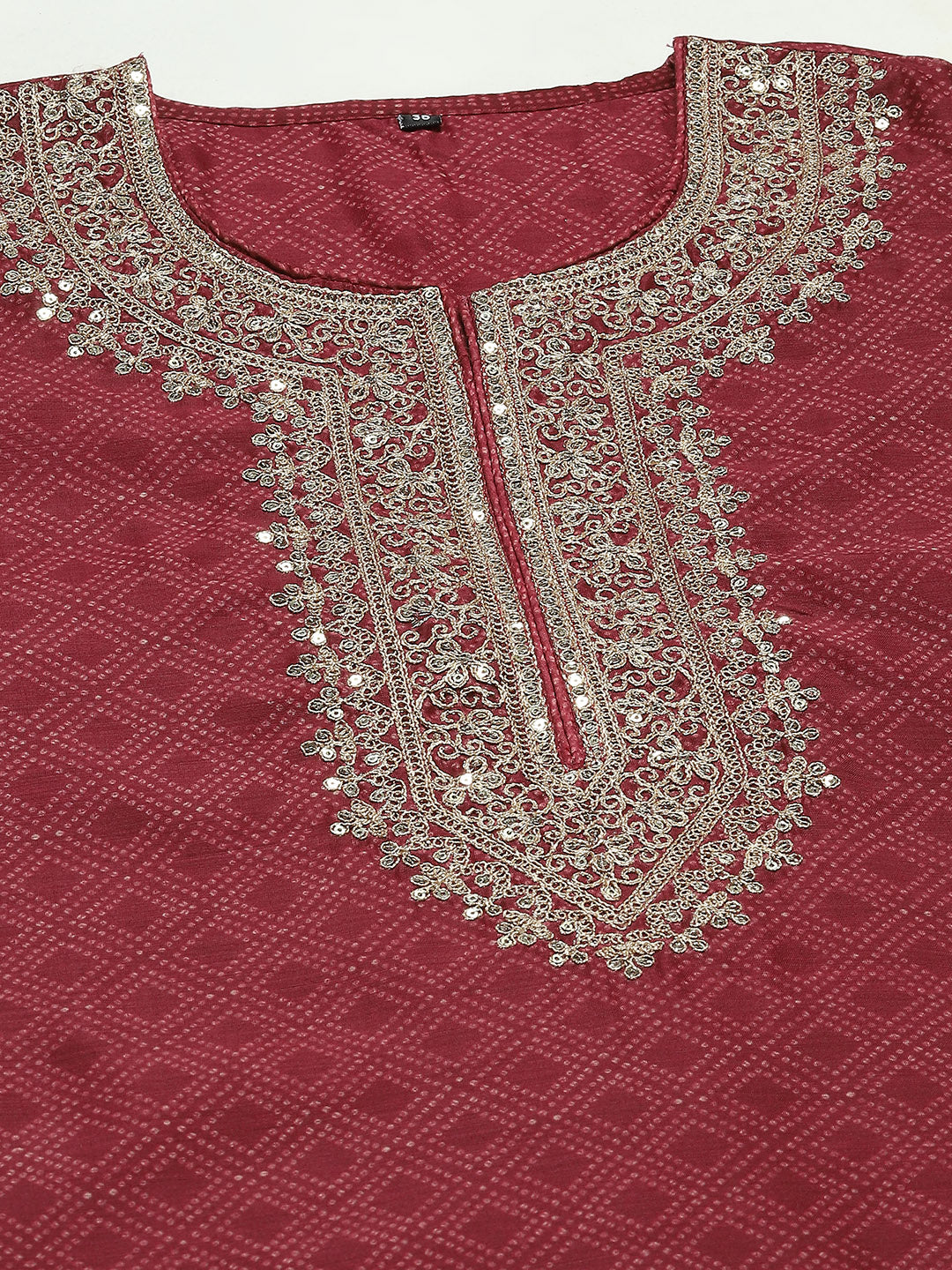 Printed &amp; Neck Embroidered Chanderi Kurta With Pants &amp; Dupatta