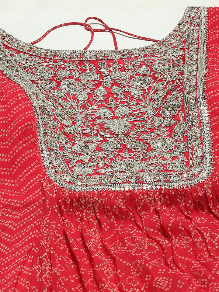 Bandhani Printed Georgette Long Kurta With Skirt &amp; Dupatta