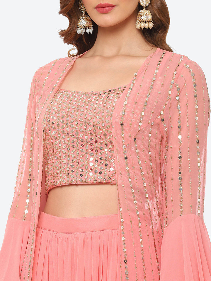 Zari Embroidered Georgette Crop Top With Palazzo &amp; Jacket