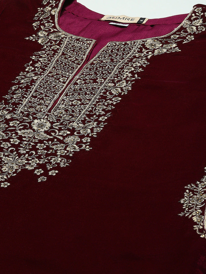 Neck Embroidered Velvet Kurta With Pants