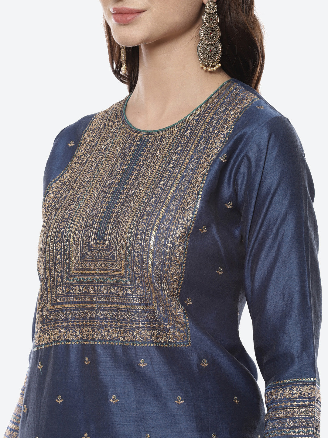 Zari Work Embroidered Chanderi Kurti With Palazzo