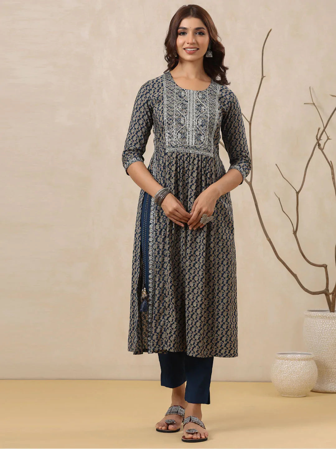 Neck Embroidered Muslin Kurta With Pants &amp; Dupatta