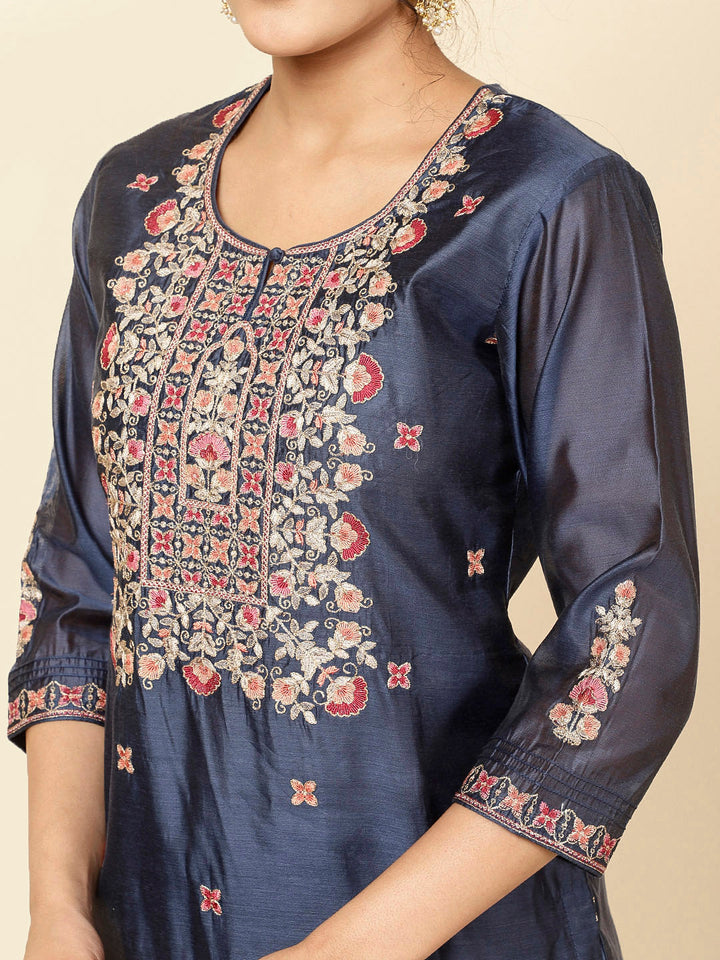 Neck Embroidered Chanderi Kurta With Pants &amp; Dupatta