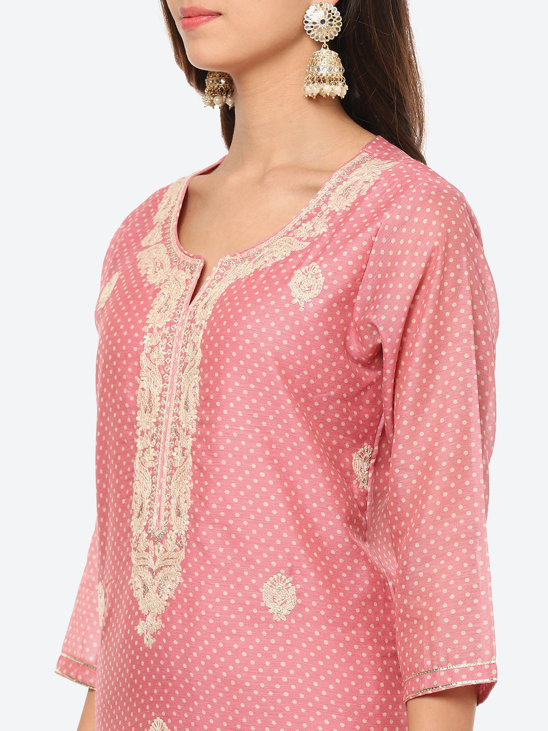 Resham Zari Neck Embroidered Chanderi Kurta With Pant