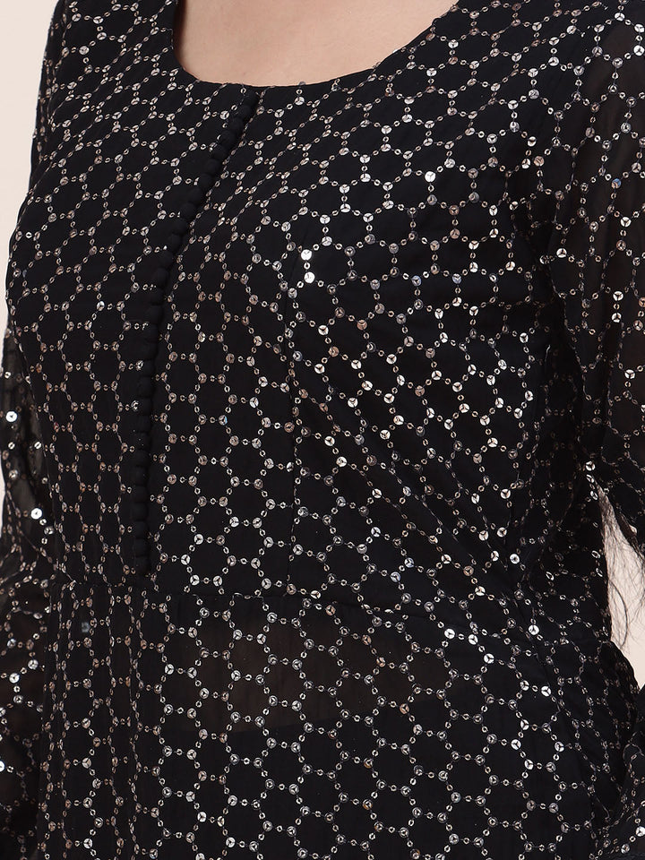 Sequin Embroidered Georgette Kurta With Palazzo &amp; Dupatta