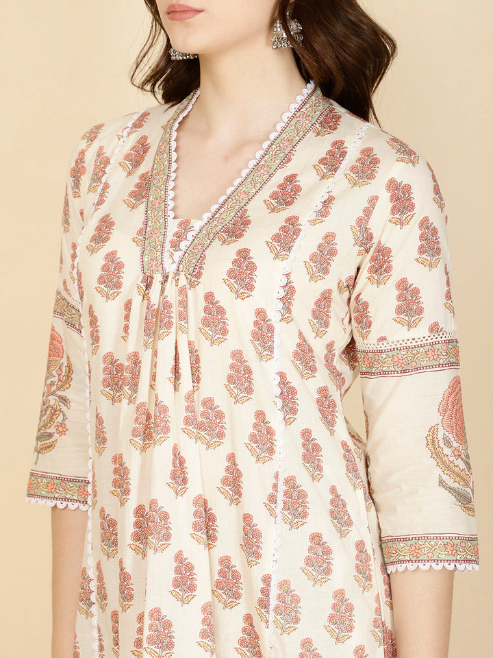 Floral Block Printed Cotton Kurta With Pants &amp; Dupatta