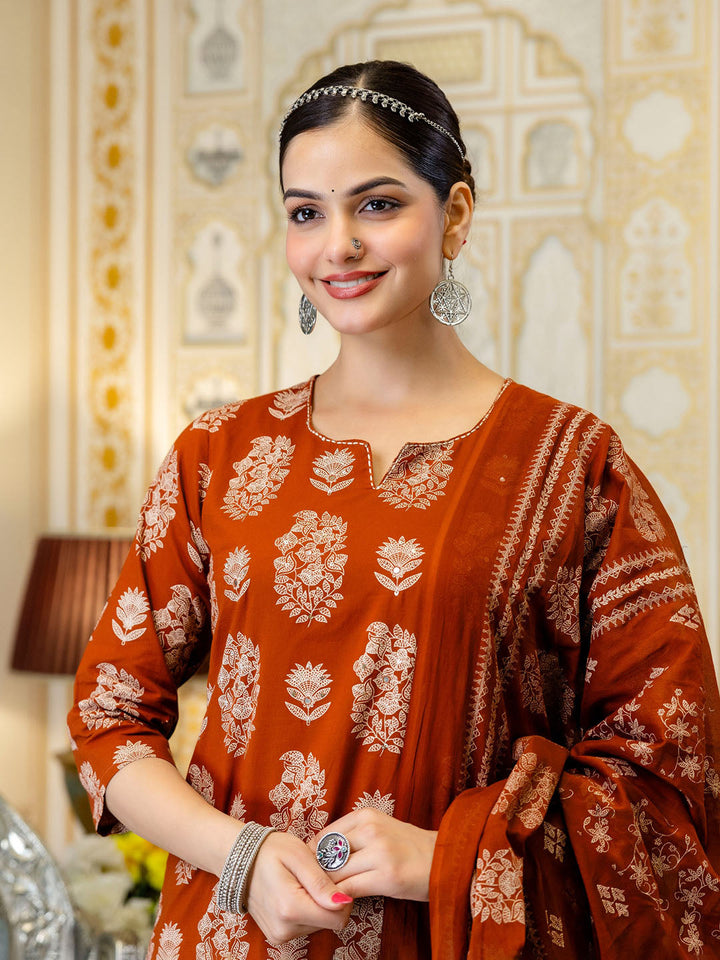 Rust Cotton Blend Printed Straight Suit Set