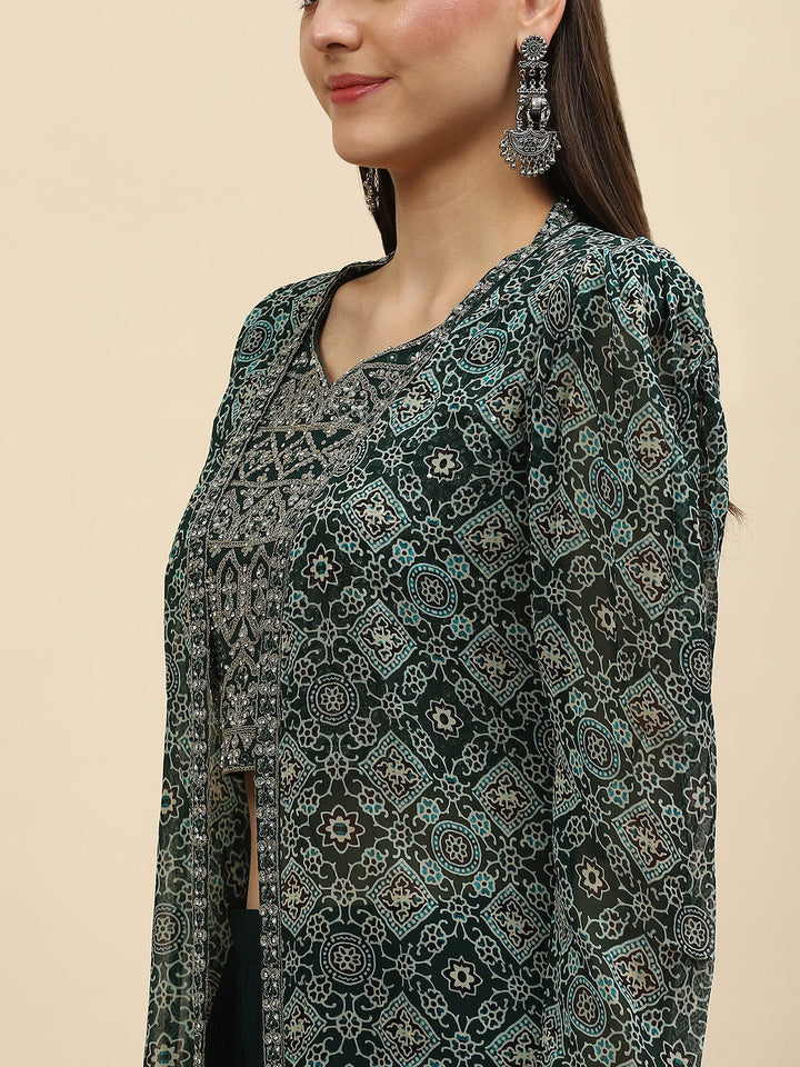 Digital Printed Crop Top Sharara With Dupatta &amp; Jacket