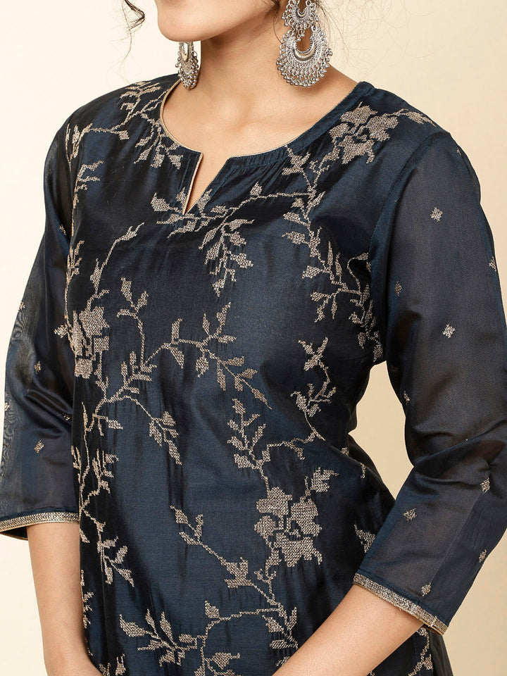 Embroidered Cotton Kurta With Pants &amp; Dupatta