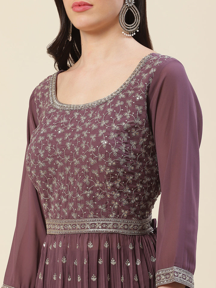Zari Embroidered Booti Georgette Kurta With Palazzo &amp; Dupatta