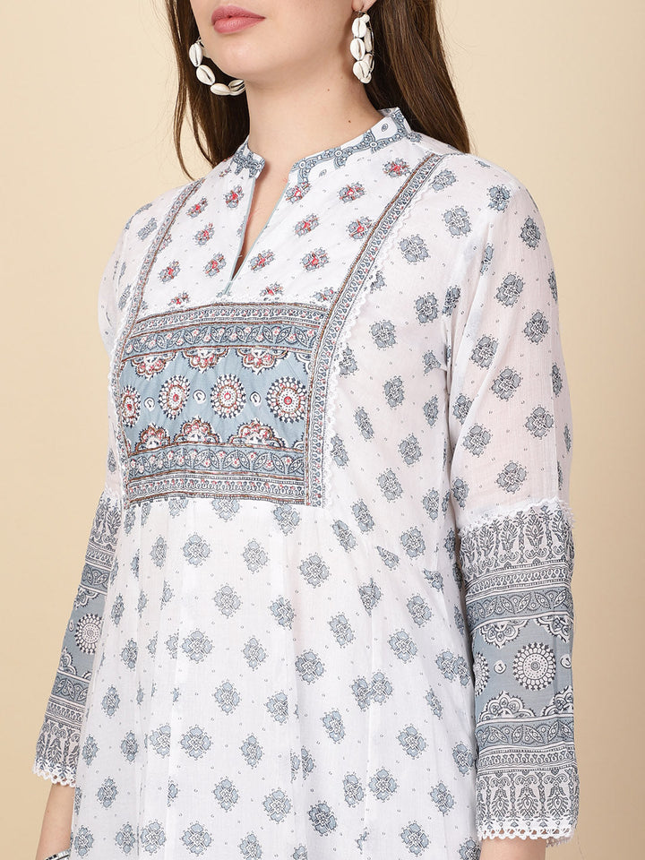 Floral Printed Cotton Kurta With Pants &amp; Dupatta
