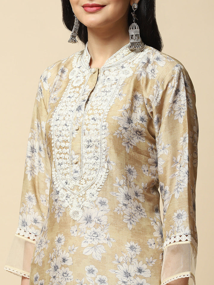 Printed With Resham Neck Embroidered Cotton Kurta