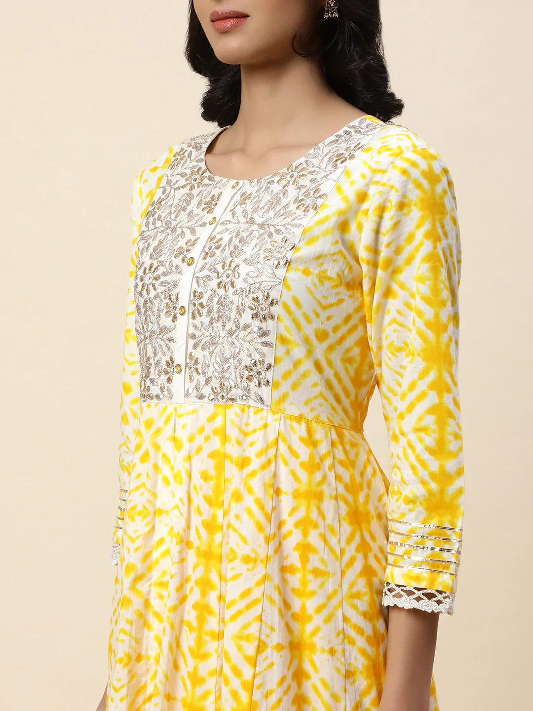 Printed &amp; Yoke Embroidered Cotton Anarkali Kurta