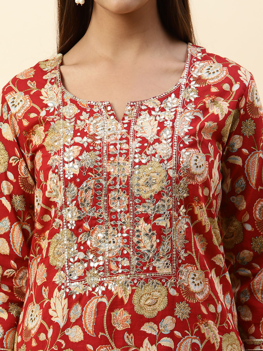 Printed &amp; Neck Embroidered Muslin Kurta With Pants