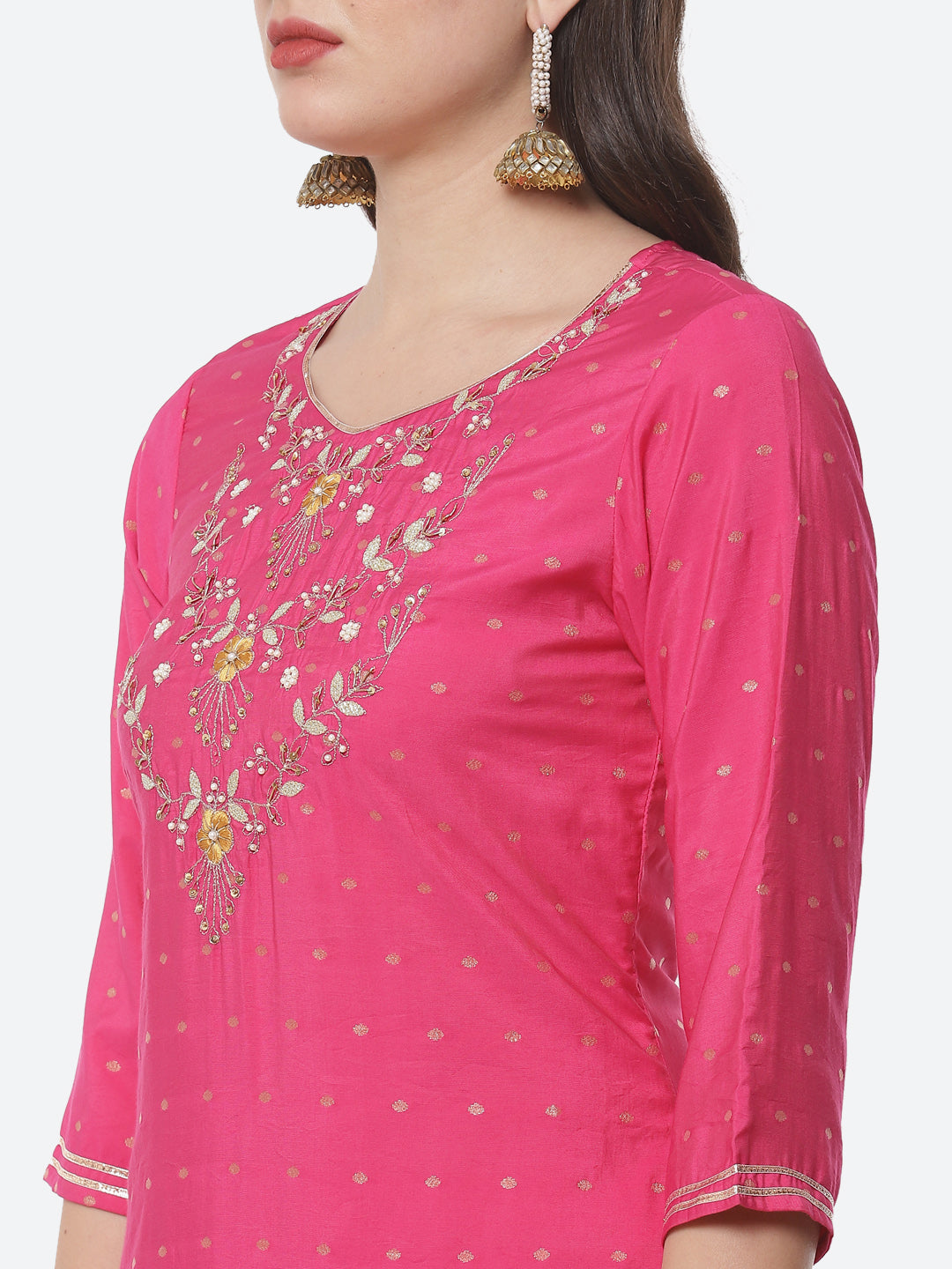 Embroidered Cotton Kurti With Pant And Dupatta
