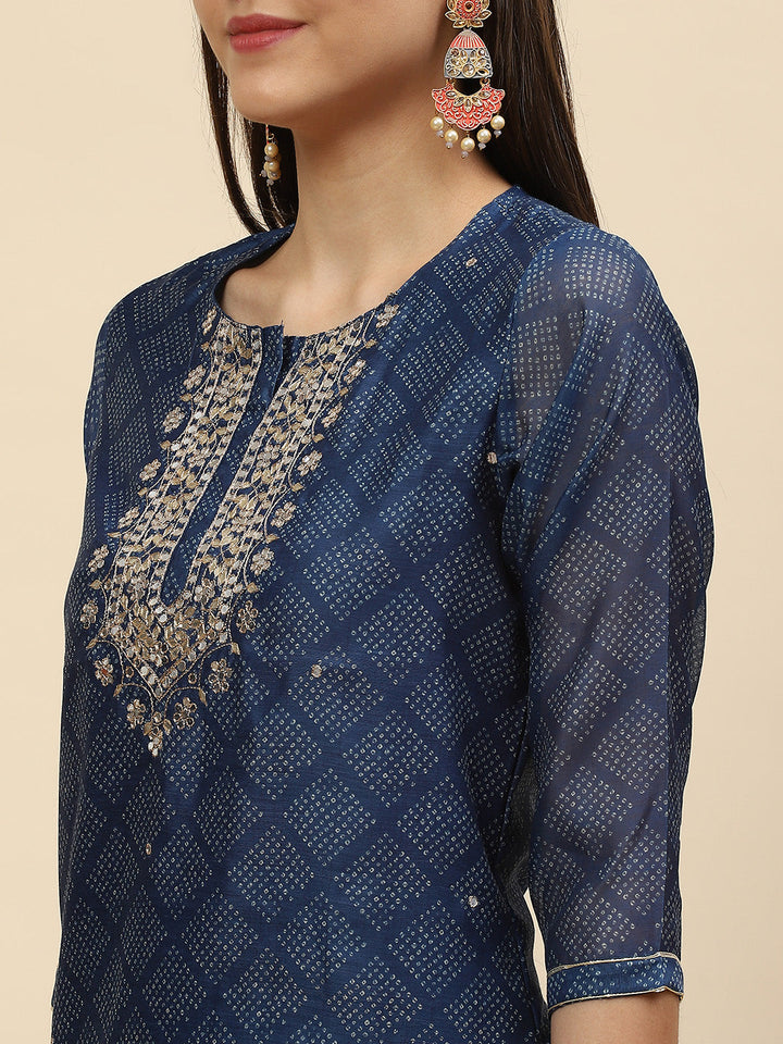 Mirror Embroidered &amp; Printed Chanderi Kurta With Pants
