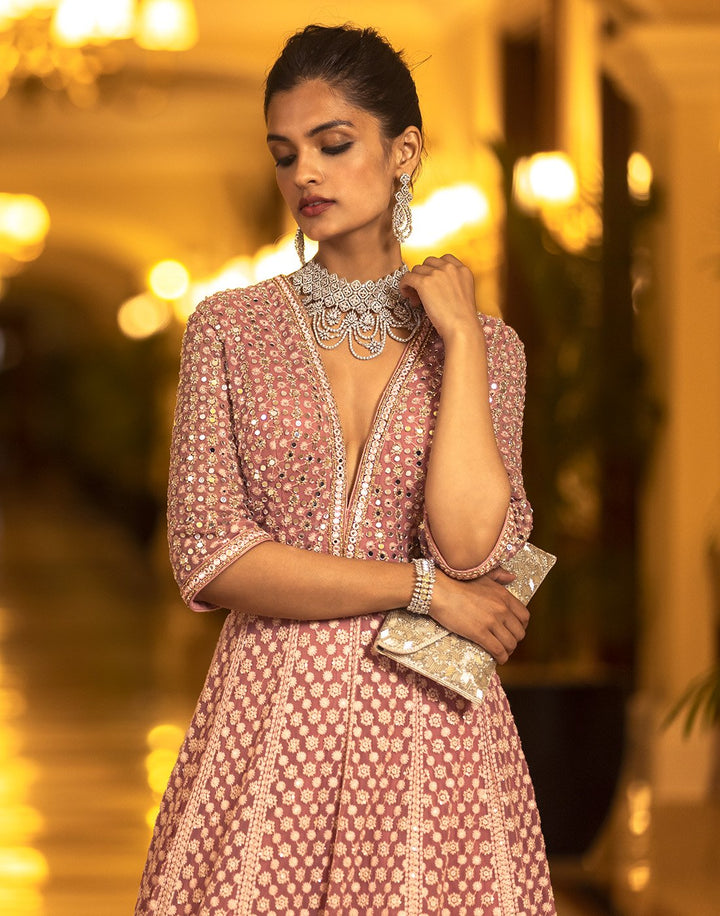 Mirror Work Embroidered Georgette Anarkali Salwar Kameez Stitched Suit