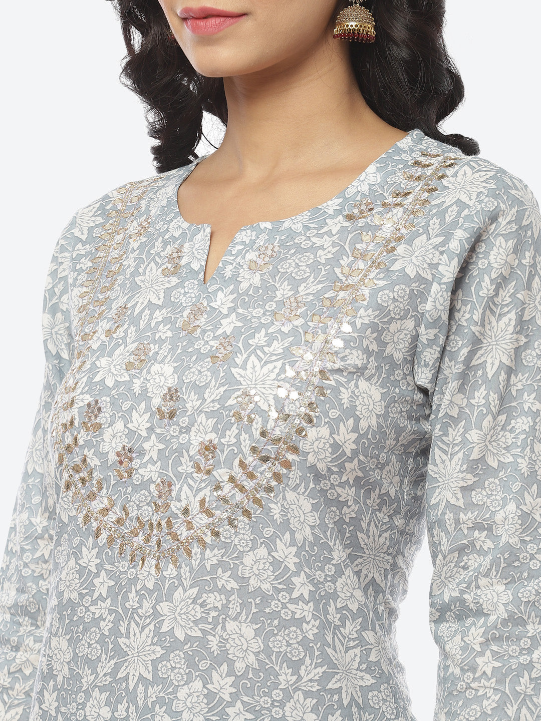 Printed Gota Neck Cotton With Pant