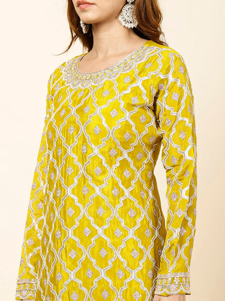 Embroidered Crepe Kurta With Lehenga &amp; Dupatta