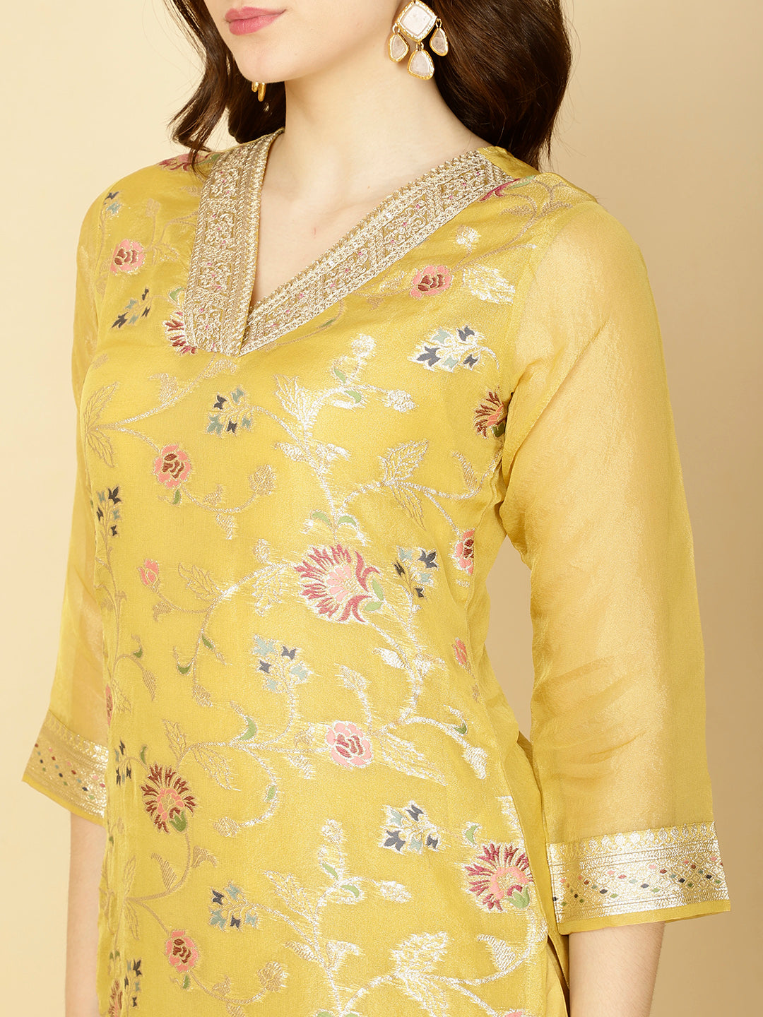 Floral Woven Tissue Kurta With Pants &amp; Dupatta
