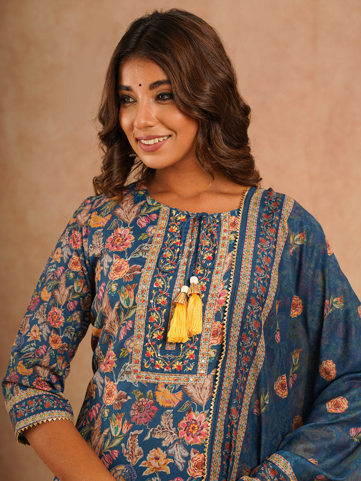 Floral Printed Muslin Kurta With Pants &amp; Dupatta