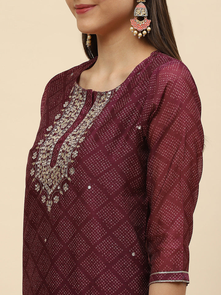 Mirror Embroidered &amp; Printed Chanderi Kurta With Pants
