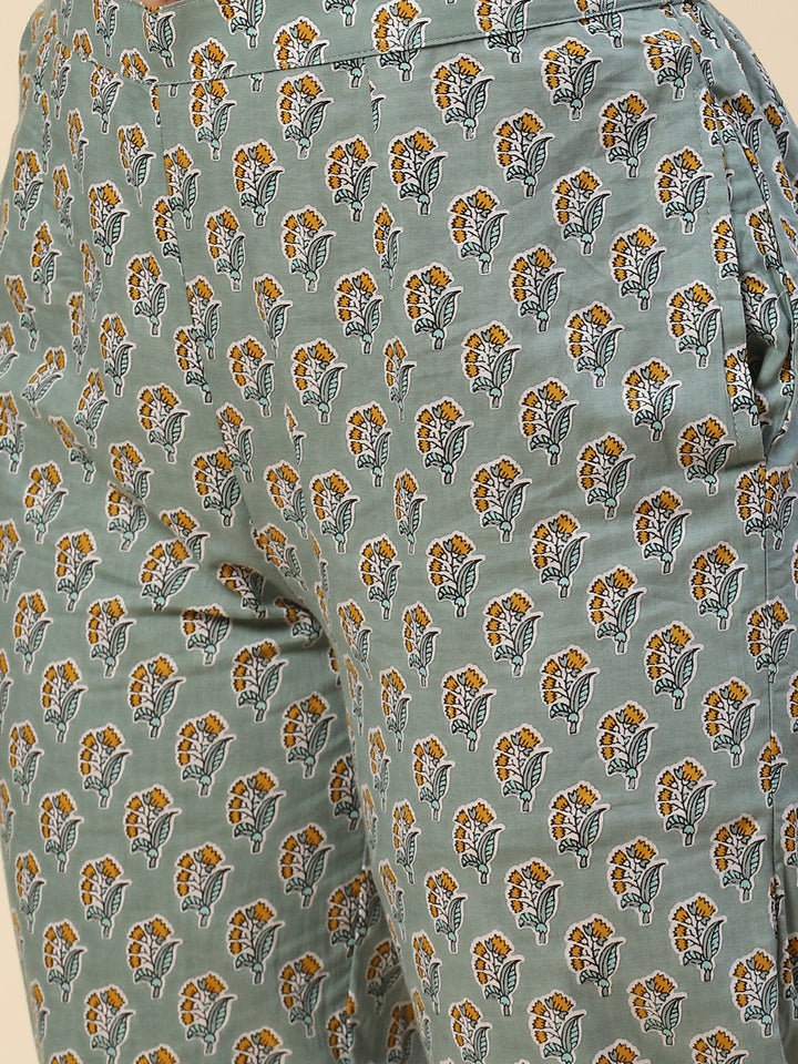 Block Printed Cotton Kurta With Pants &amp; Dupatta