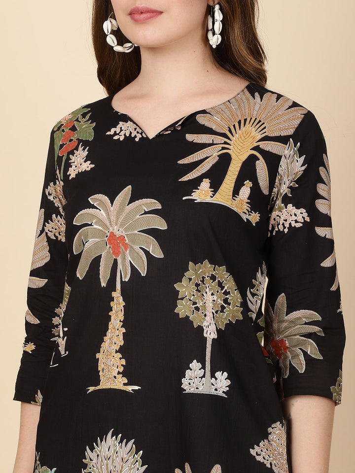 Floral Printed Cotton Kurti With Pants