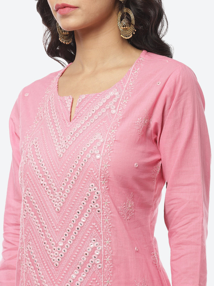 Resham Mirror Cotton Stitched Salwar Kameez With Printed Cotton Dupatta