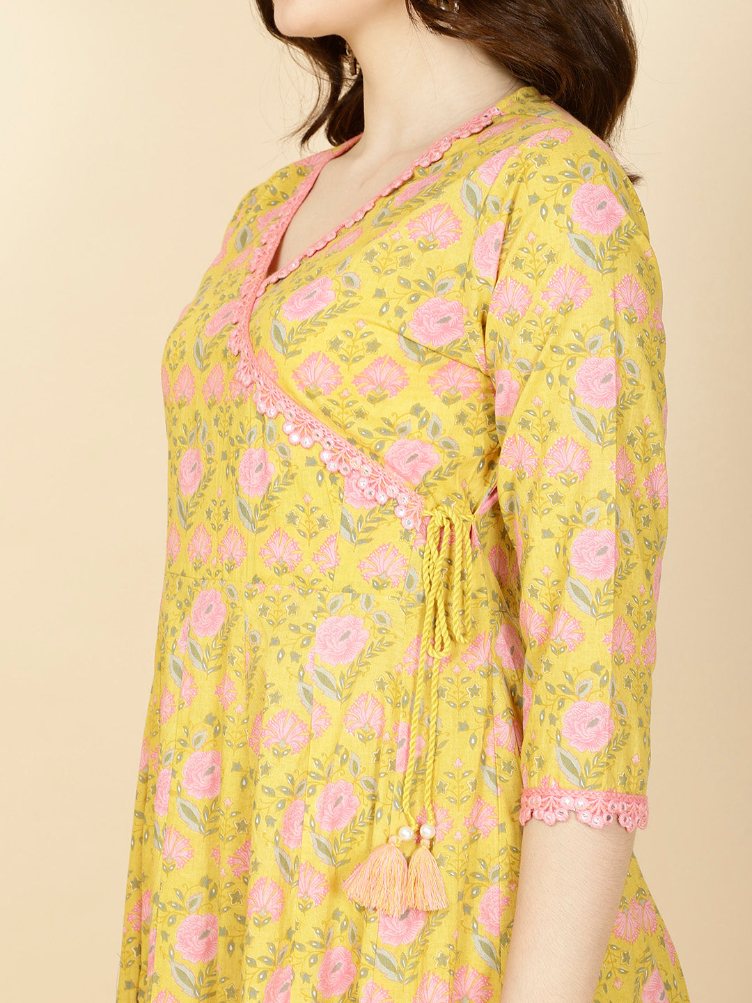 Floral Printed Cotton Anarkali Kurta With Pants