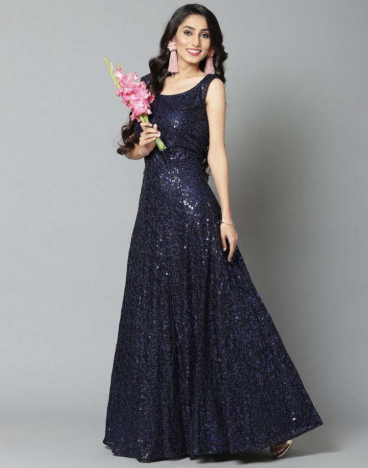 Navy Blue Net Long Dress