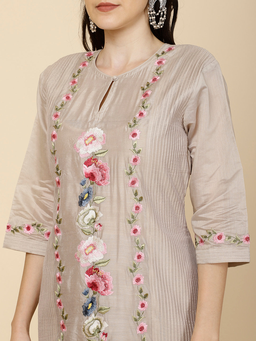 Resham &amp; Panel Embroidery Cotton Suit Set With Dupatta