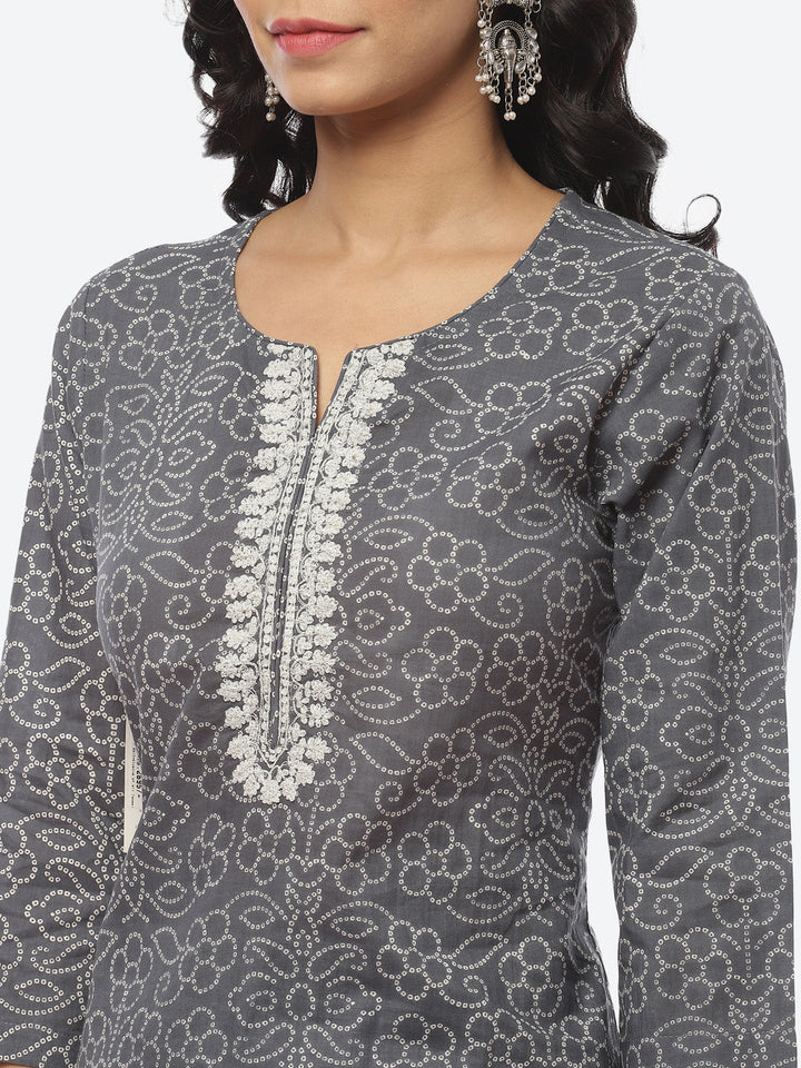 Printed Zari Neck Cotton Kurti With Pant