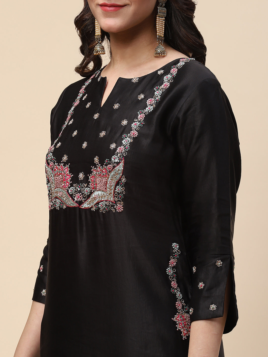 Neck Embroidered Satin Kurta