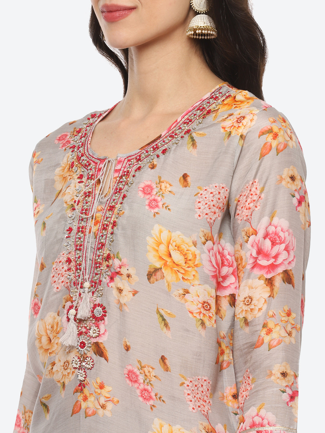 Sequin Work Yoke Printed Muslin Kurta