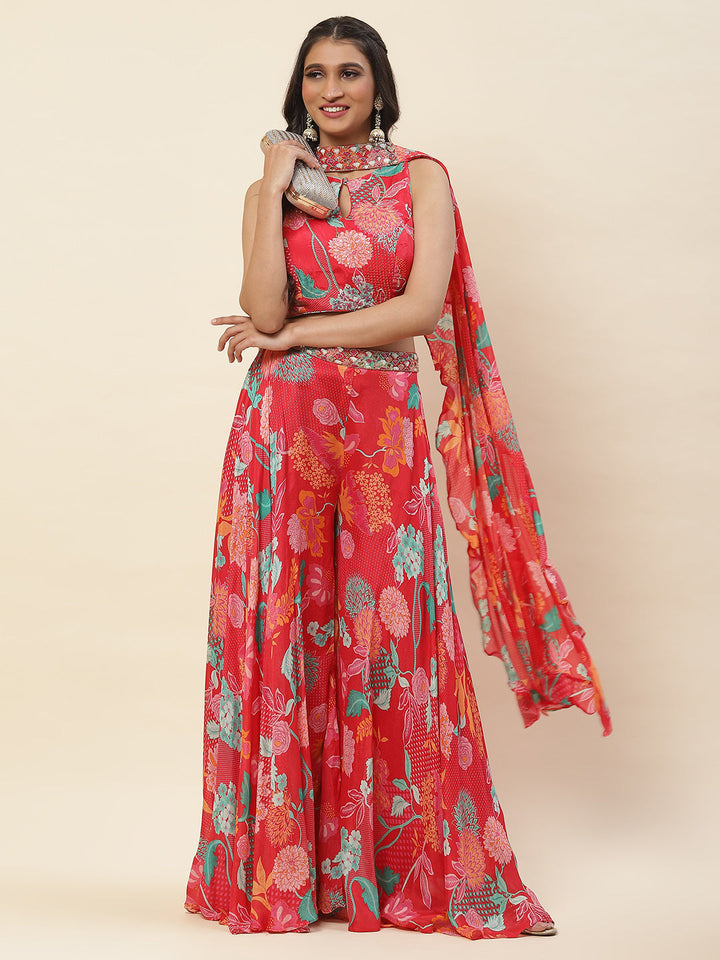 Floral Printed Crepe Crop Top With Palazzo &amp; Dupatta