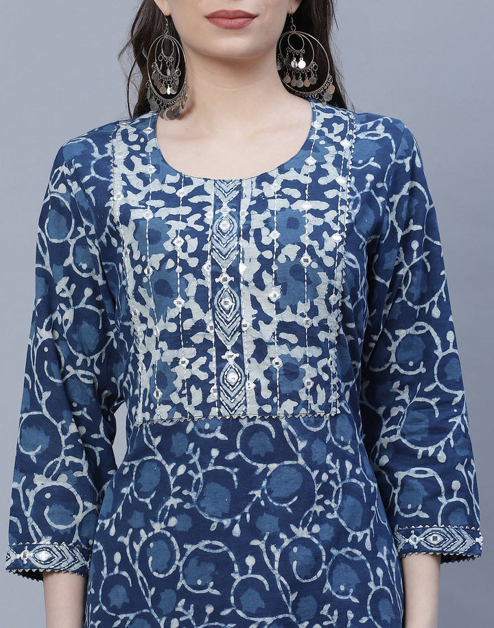Indigo Cotton Printed Kurti Pant Set