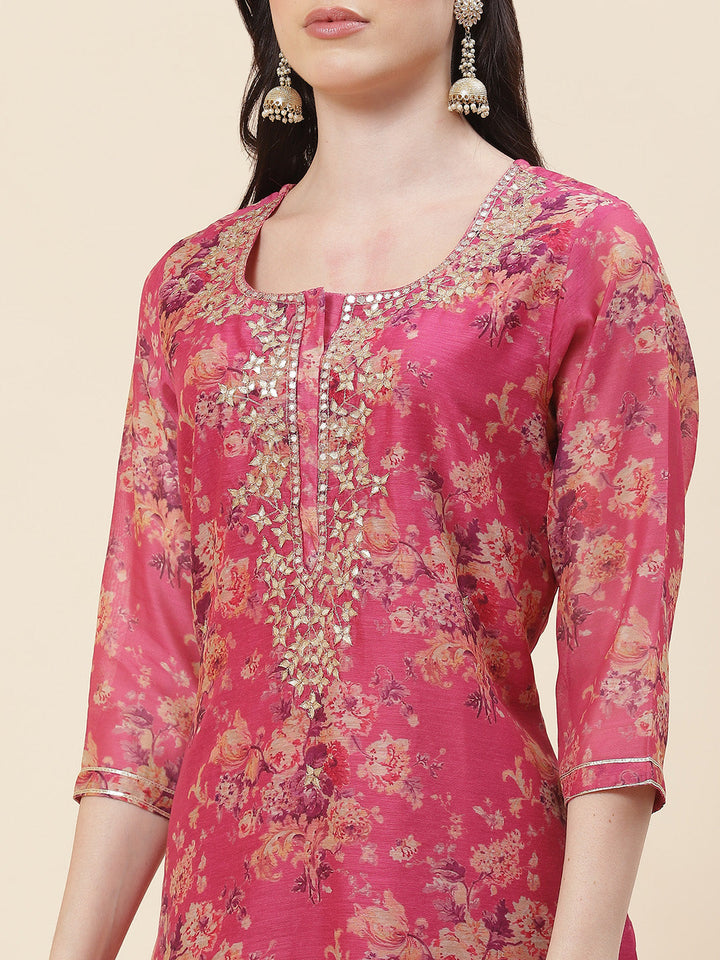 Printed Chanderi Kurta With Pants