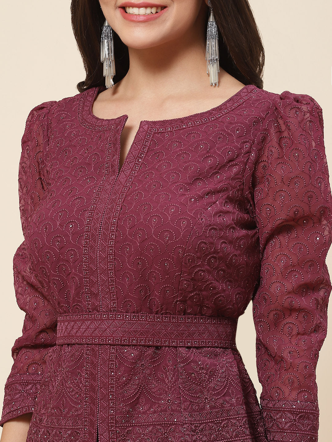 Resham Embroidered Georgette Kurti With Palazzo &amp; Dupatta