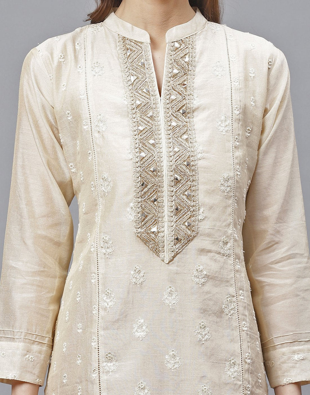 Beige Cotton Kurti With Embroidery