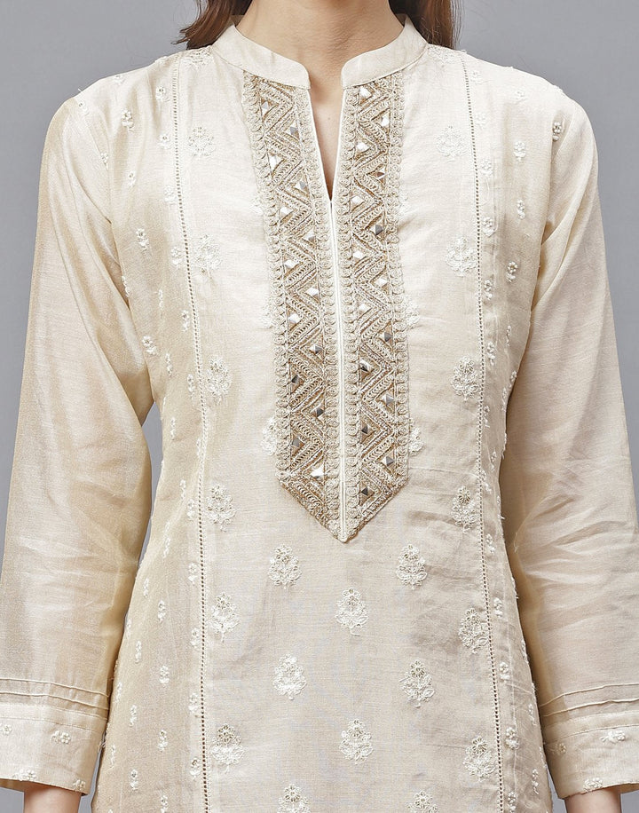 Beige Cotton Kurti With Embroidery