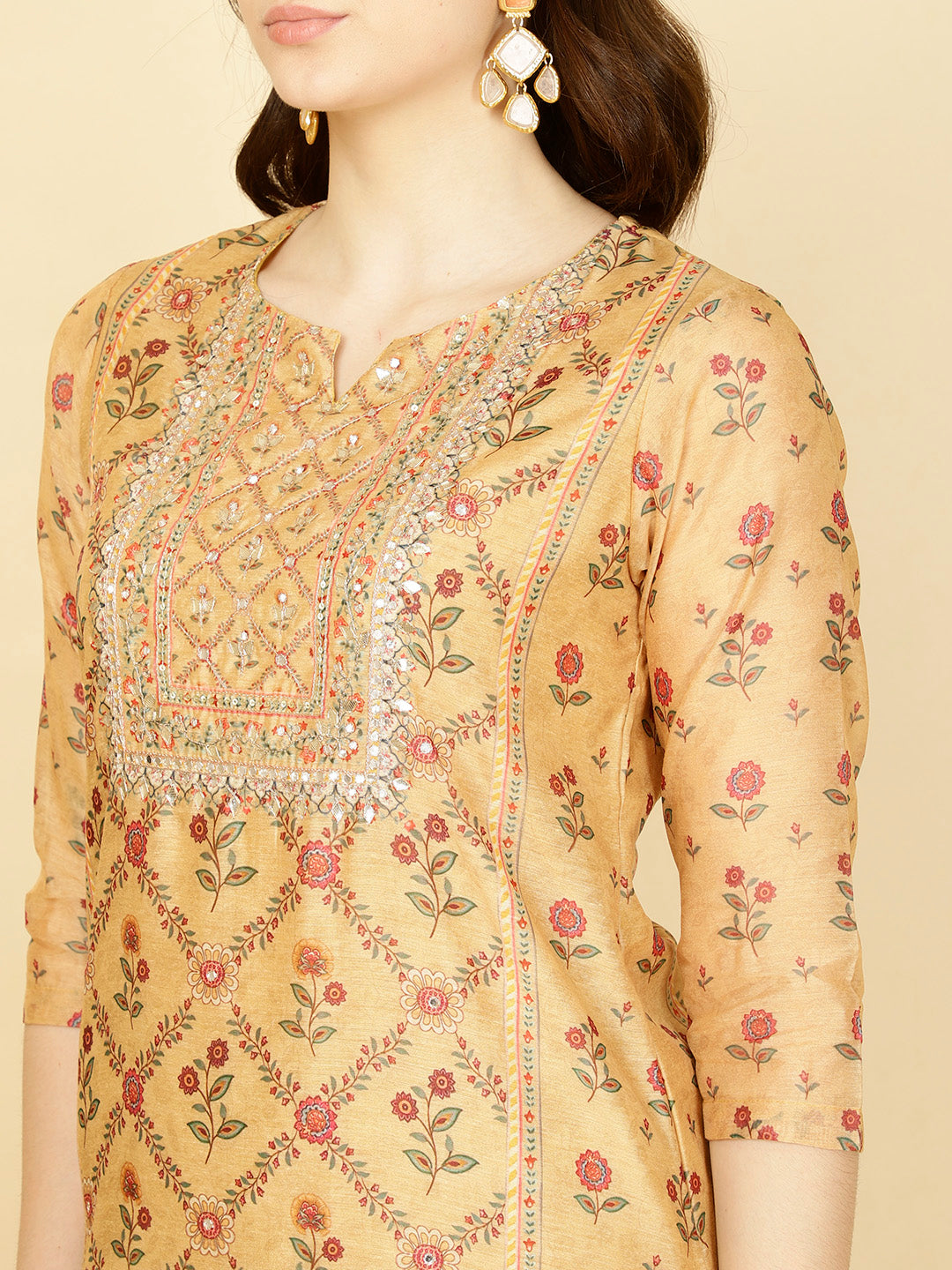 Floral Printed Chanderi Kurta With Pants &amp; Dupatta