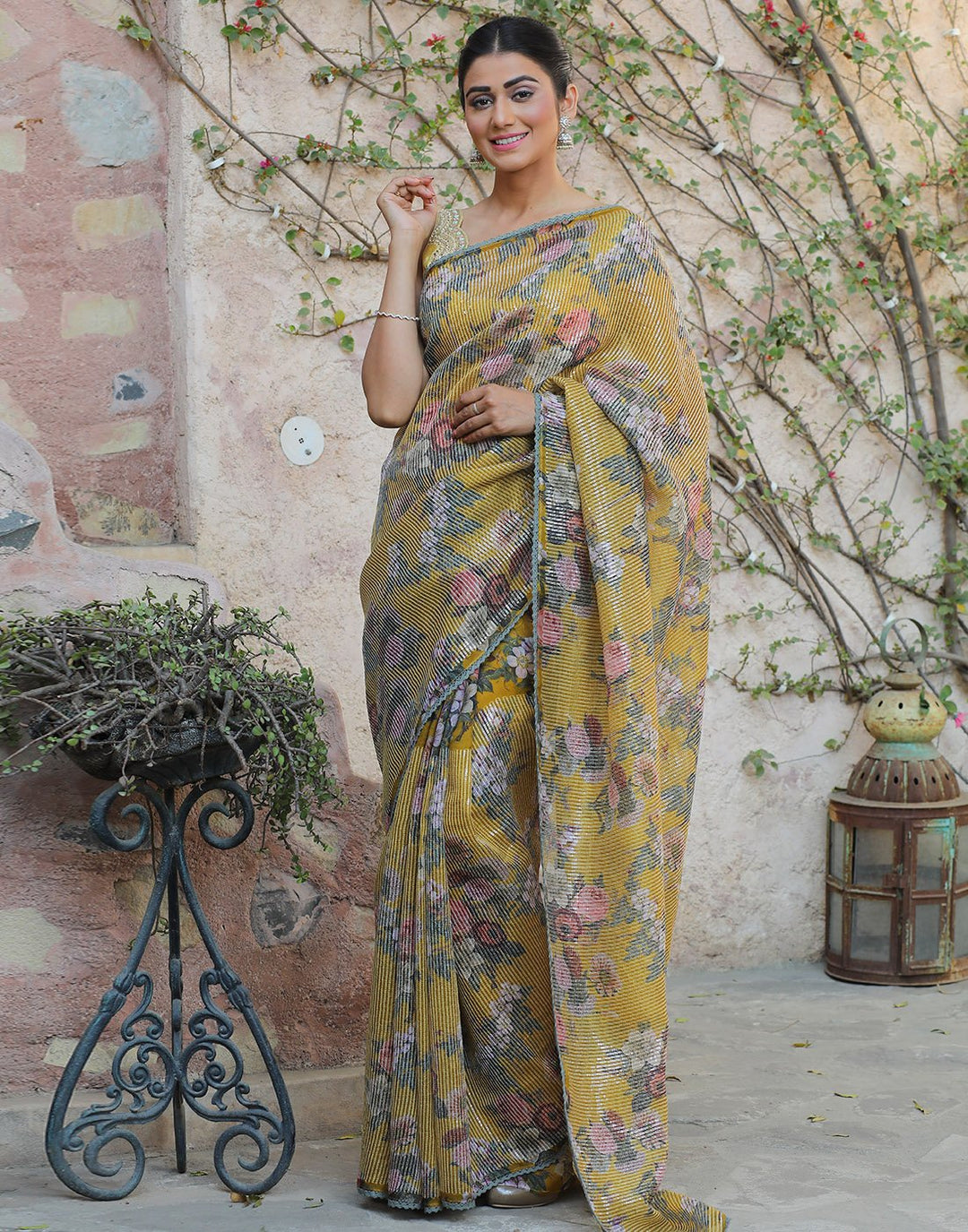 Beautiful Floral Printed  Organza Saree with Sequence Work