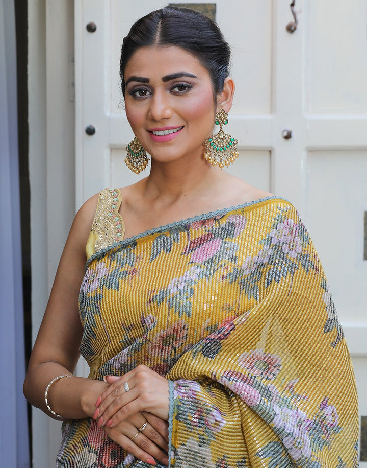 Beautiful Floral Printed  Organza Saree with Sequence Work