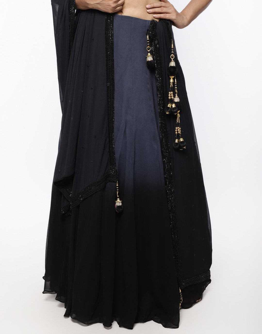 MBZ Meena Bazaar-Black Crochet Georgette Lehenga